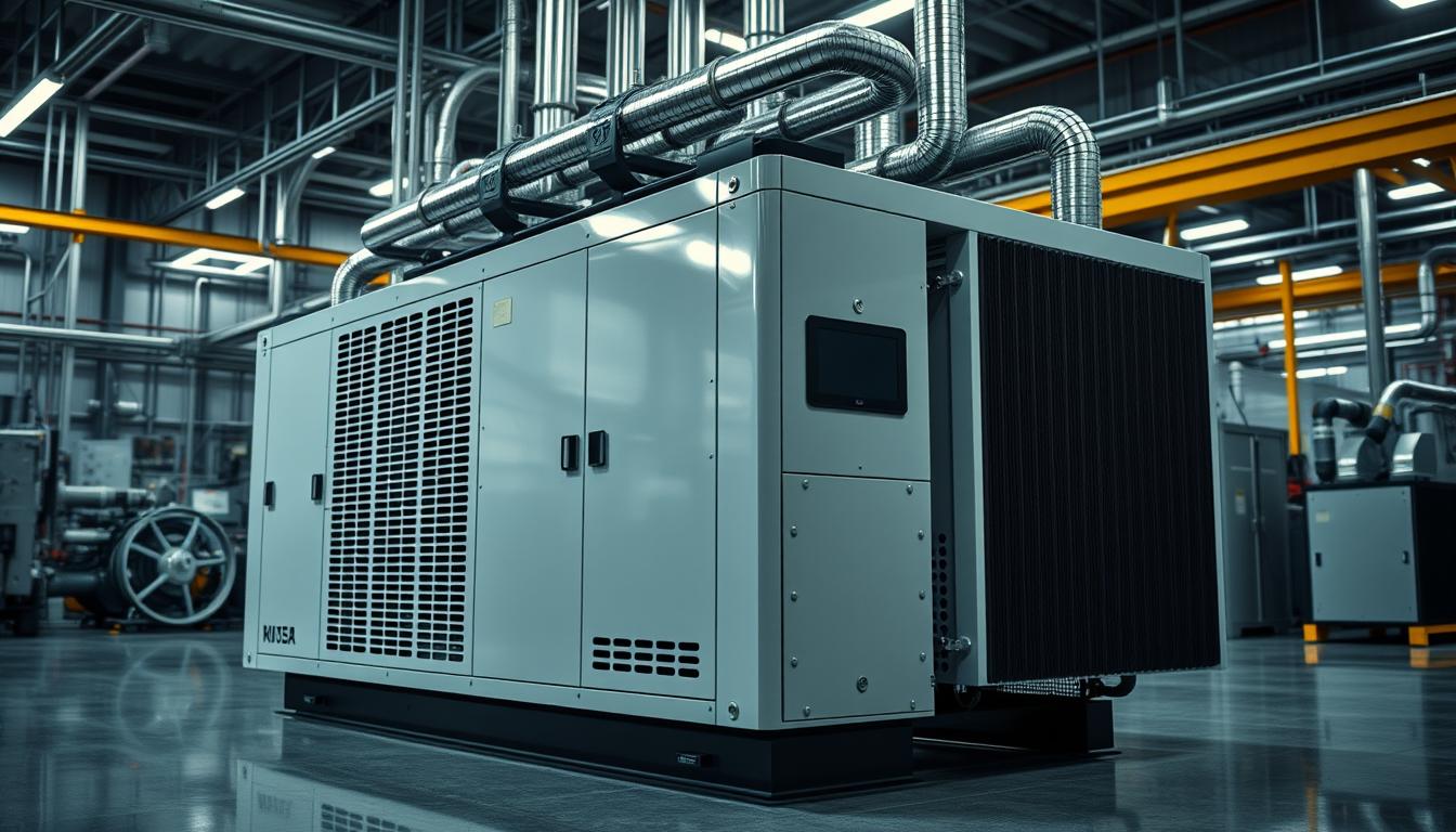 "An advanced industrial chiller system in a modern factory setting, showcasing sleek design and efficient cooling technology, with elements of pipes, cooling fins, and industrial machinery in the background, emphasizing