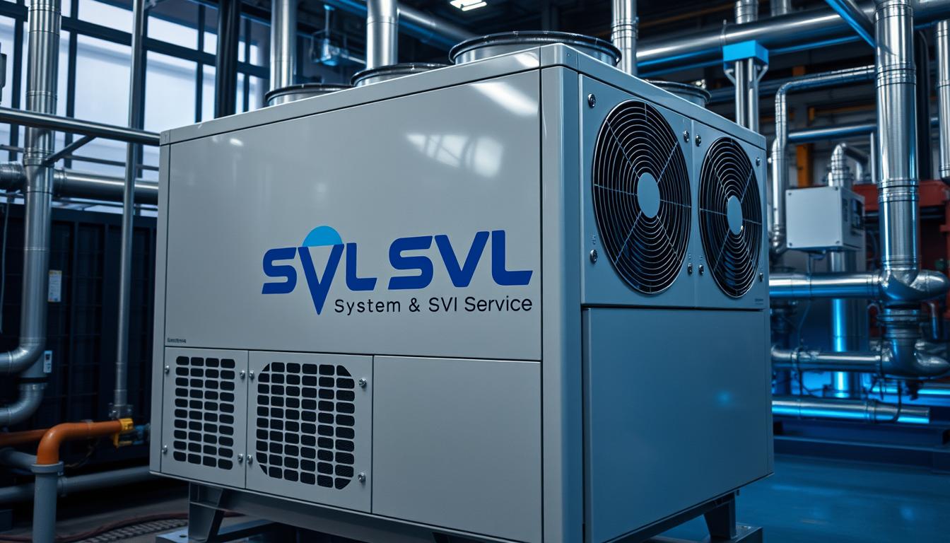 "An air-cooled water chiller, sleek and modern design, showcasing the SVL System & Service brand logo prominently. The chiller is set in an industrial environment, surrounded by pipes and machinery, with cool blue hues highlighting the water cooling process, emphasizing efficiency and technology."