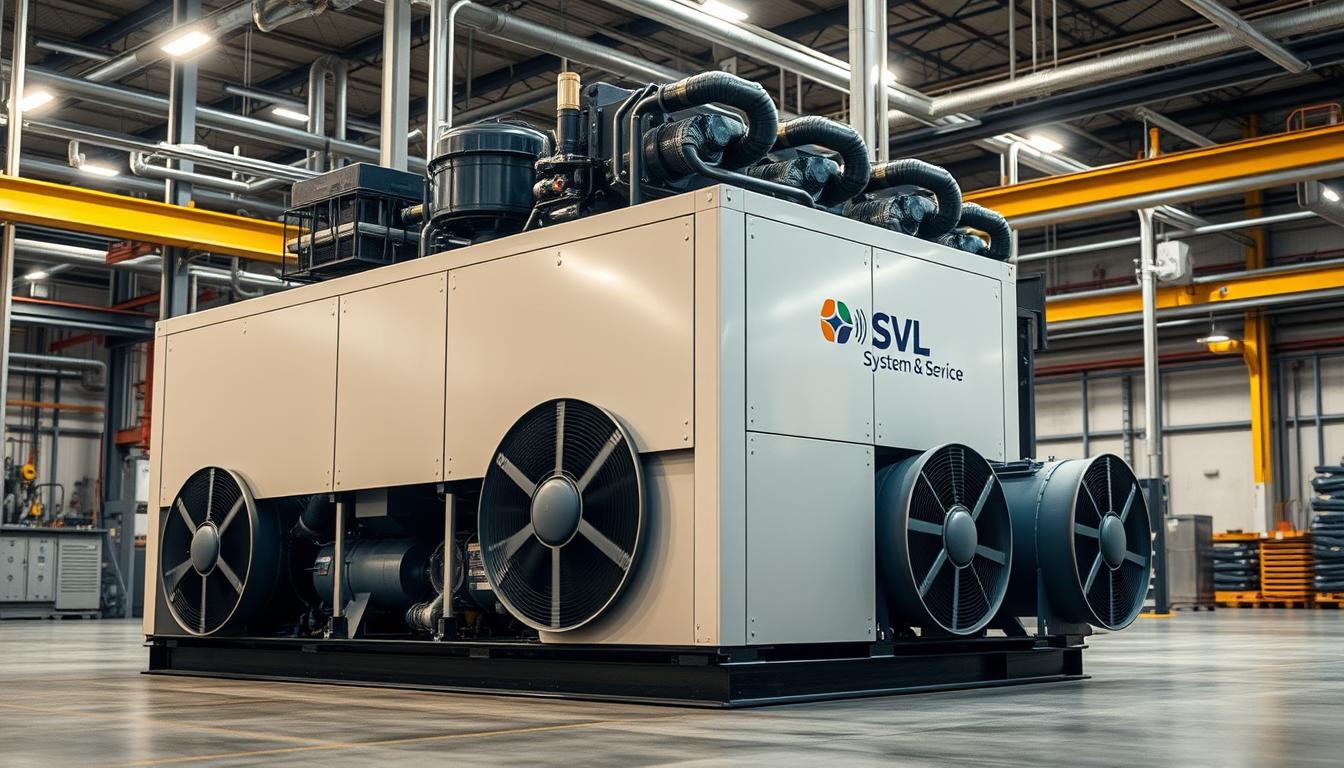 A sleek and modern industrial chiller system in a large warehouse environment, showcasing high-efficiency cooling technology, large cooling coils, and powerful fans, with the brand name "SVL System & Service" subtly